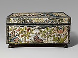 Casket with scenes from the Story of Solomon and the Queen of Sheba, Satin worked with silk and metal thread, seed pearls; tent, satin, couching, Ceylon, detached needlepoint variations, knotted pile, knots, and crochet stitches; needle lace, metal bobbin lace; wood frame, silk lining, carved wooden feet, British