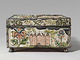 Casket with scenes from the Story of Solomon and the Queen of Sheba, Satin worked with silk and metal thread, seed pearls; tent, satin, couching, Ceylon, detached needlepoint variations, knotted pile, knots, and crochet stitches; needle lace, metal bobbin lace; wood frame, silk lining, carved wooden feet, British