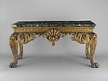 Side table (one of a pair), After a design by Matthias Lock (British, London ca. 1710–ca. 1765 London), Carved gilded pine with modern scagliola top, British