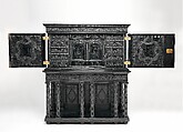 Cabinet, Oak and poplar wood veneered with ebony; ivory; stained ivory; bone, and various marquetry woods, including kingwood and amaranth; ebonized pearwood; gilt-bronze capitals and bases; plated-iron hardware, French, Paris