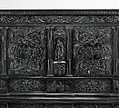 Cabinet, Oak and poplar wood veneered with ebony; ivory; stained ivory; bone, and various marquetry woods, including kingwood and amaranth; ebonized pearwood; gilt-bronze capitals and bases; plated-iron hardware, French, Paris