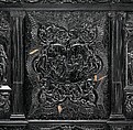 Cabinet, Oak and poplar wood veneered with ebony; ivory; stained ivory; bone, and various marquetry woods, including kingwood and amaranth; ebonized pearwood; gilt-bronze capitals and bases; plated-iron hardware, French, Paris