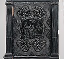 Cabinet, Oak and poplar wood veneered with ebony; ivory; stained ivory; bone, and various marquetry woods, including kingwood and amaranth; ebonized pearwood; gilt-bronze capitals and bases; plated-iron hardware, French, Paris