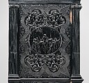 Cabinet, Oak and poplar wood veneered with ebony; ivory; stained ivory; bone, and various marquetry woods, including kingwood and amaranth; ebonized pearwood; gilt-bronze capitals and bases; plated-iron hardware, French, Paris