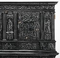 Cabinet, Oak and poplar wood veneered with ebony; ivory; stained ivory; bone, and various marquetry woods, including kingwood and amaranth; ebonized pearwood; gilt-bronze capitals and bases; plated-iron hardware, French, Paris