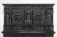 Cabinet, Oak and poplar wood veneered with ebony; ivory; stained ivory; bone, and various marquetry woods, including kingwood and amaranth; ebonized pearwood; gilt-bronze capitals and bases; plated-iron hardware, French, Paris