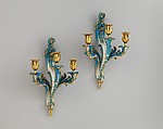 Two wall sconces (Bras de cheminée), Model attributed to Jean-Claude Duplessis (French, ca. 1695–1774, active 1748–74), Soft-paste porcelain decorated in polychrome enamel, gold, gilt bronze, French, Sèvres