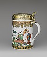 Tankard, Meissen Manufactory (German, 1710–present), Hard-paste porcelain decorated in polychrome enamels, gold; silver-gilt mounts, German, Meissen