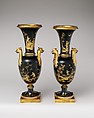 Vase (vase chinois) (one of a pair), Sèvres Manufactory (French, 1740–present), Hard-paste porcelain decorated in black enamel, platinum, two tones of gold; gilt metal; interior metal rod, French, Sèvres