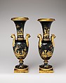 Vase (vase chinois) (one of a pair), Sèvres Manufactory (French, 1740–present), Hard-paste porcelain decorated in black enamel, platinum, two tones of gold; gilt metal; interior metal rod, French, Sèvres