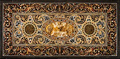 Pietra dura table top, Hardstones, alabaster, and marble (pietra dura); marble frame and walnut stand (replacement), Italian, Rome