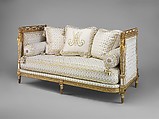 Daybed (Lit de repos or sultane) (part of a set), Jean-Baptiste-Claude Sené (1748–1803), Carved, painted and gilded walnut; modern cotton twill embroidered in silk, French, Paris