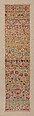 Embroidered band sampler, Mary Pots, Silk embroidery on linen; double running, satin, detached buttonhole, Montenegrin cross, herringbone, and chain stitches, British