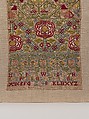 Embroidered band sampler, Mary Pots, Silk embroidery on linen; double running, satin, detached buttonhole, Montenegrin cross, herringbone, and chain stitches, British