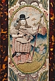 Mirror with Jael and Barak, Satin worked with silk and metal-wrapped thread, beads, purl, mica, seed pearls; detached buttonhole variations, long-and-short, satin, couching, and straight stitches; wood frame, celluloid imitation tortoiseshell, mirror glass, silk plush, British