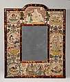 Mirror with Jael and Barak, Satin worked with silk and metal-wrapped thread, beads, purl, mica, seed pearls; detached buttonhole variations, long-and-short, satin, couching, and straight stitches; wood frame, celluloid imitation tortoiseshell, mirror glass, silk plush, British