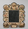 Mirror frame, Satin worked with silk, chenille threads, purl, shells, wood, beads, mica, bird feathers, bone or coral; detached buttonhole variations, long-and-short, satin, couching, and knot stitches; wood frame, mirror glass, plush, British