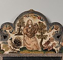 Mirror frame, Satin worked with silk, chenille threads, purl, shells, wood, beads, mica, bird feathers, bone or coral; detached buttonhole variations, long-and-short, satin, couching, and knot stitches; wood frame, mirror glass, plush, British