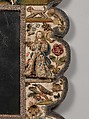 Mirror frame, Satin worked with silk, chenille threads, purl, shells, wood, beads, mica, bird feathers, bone or coral; detached buttonhole variations, long-and-short, satin, couching, and knot stitches; wood frame, mirror glass, plush, British