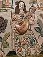 Cabinet with personifications of the Five Senses, Satin worked with silk and metal thread, purl, chenille, seed pearls, coral beads, and mica; tent, knots, rococo, satin, couching, and detached buttonhole stitches; woven metal thread trim; silk and paper lining; wood frame; turned wooden feet, British