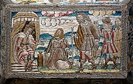 Cabinet with scenes from the Life of Joseph, Linen worked with silk thread; laid work, split, knot, satin and sheaf stitches; metal thread trim; wood frame; silk lining; turned wood feet, British