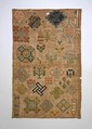 Embroidered spot sampler, Silk and metal thread on linen canvas, British