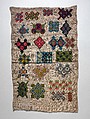 Sampler with geometric motifs, Silk, wool and silver thread on linen, British