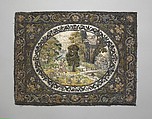 Sacrifice of Isaac, Canvas worked with silk and metal thread; Gobelin, tent, couching stitches; applied satin cartouche worked with silk and metal thread, spangles; satin, long-and-short, split, knot, and couching stitches, British