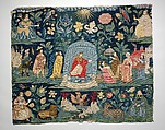 The Meeting of King Solomon and the Queen of Sheba, with the Four Elements, Canvas worked with silk and wool thread, mica; tent, cross, and couching stitches, British