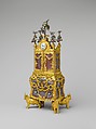 Miniature secretary incorporating a watch, James Cox (British, ca. 1723–1800), Case: agate, with gold mounts, gilded brass, pearls, and paste jewels set in silver; Dial: white enamel; Movement: wheel balance and cock set with paste jewels, British, London