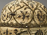 Night cap, Linen worked with silk and metal thread, spangles; speckling, running, outline, and plaited braid stitches; metal bobbin lace, British