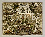 Two Ladies Personifying Taste and Touch (?), Silk satin worked with silk and metal thread, seed pearls, agate, carnelian, coral, rock crystal, glass beads, mica; detached buttonhole variations, tent, satin, long-and-short, seed, rococo, single knots, laid, and couching stitches, British