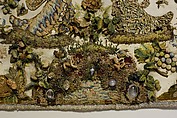 Two Ladies Personifying Taste and Touch (?), Silk satin worked with silk and metal thread, seed pearls, agate, carnelian, coral, rock crystal, glass beads, mica; detached buttonhole variations, tent, satin, long-and-short, seed, rococo, single knots, laid, and couching stitches, British
