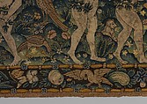 Adam and Eve Making Garments of Leaves; God Admonishing Adam and Eve for their Transgression (one of a set of three), Canvas worked with wool, silk, and metal thread; chain, split, tent, and straight stitches; appliqué of woven silk textiles; metal thread braid, Scottish or English