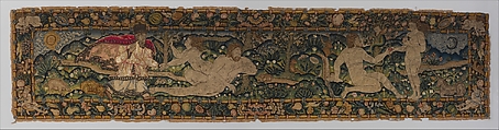 The Creation of Eve and The Temptation (one of a set of three), Canvas worked with wool, silk, and metal thread; chain, split, tent, and straight stitches; applique of woven silk textiles; metal thread braid, Scottish or English