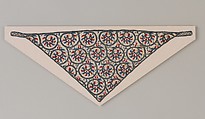 Coif, Linen worked with silk and metal thread, spangles; satin, long -and-short, braid, buttonhole, and couching stitches, British