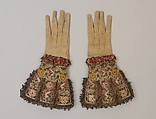 Pair of gloves, Leather, satin worked with silk and metal thread; long-and-short, satin knot, and couching stitches; metal bobbin lace, British