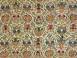 Long cushion cover, Linen worked with silk and metal thread; chain, stem, plaited braid, couching, and detached buttonhole stitches, British