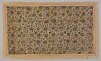 Cushion cover, Linen embroidered with silk and gilded silver thread; chain, square double chain, stem,
plaited braid, and buttonhole stitches, with buttonhole fillings, laid and couched work, British