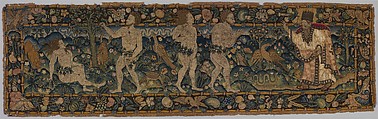 Adam and Eve Making Garments of Leaves; God Admonishing Adam and Eve for their Transgression (one of a set of three), Canvas worked with wool, silk, and metal thread; chain, split, tent, and straight stitches; appliqué of woven silk textiles; metal thread braid, Scottish or English