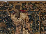 Adam and Eve Making Garments of Leaves; God Admonishing Adam and Eve for their Transgression (one of a set of three), Canvas worked with wool, silk, and metal thread; chain, split, tent, and straight stitches; appliqué of woven silk textiles; metal thread braid, Scottish or English