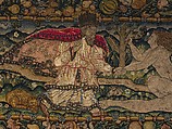 The Creation of Eve and The Temptation (one of a set of three), Canvas worked with wool, silk, and metal thread; chain, split, tent, and straight stitches; applique of woven silk textiles; metal thread braid, Scottish or English