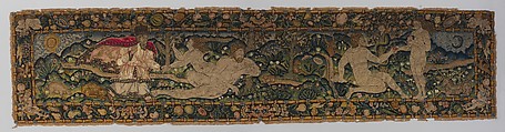 The Creation of Eve and The Temptation (one of a set of three), Canvas worked with wool, silk, and metal thread; chain, split, tent, and straight stitches; applique of woven silk textiles; metal thread braid, Scottish or English