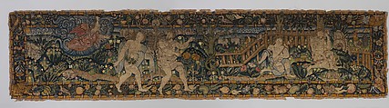 The Expulsion and Adam and Eve after the Fall (one of a set of three), Canvas worked with wool, silk, and metal thread; chain, split, tent, and straight stitches; applique of woven silk textiles; metal thread braid, Scottish or English