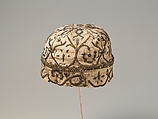 Night cap, Linen worked with silk and metal thread, spangles; speckling, running, outline, and plaited braid stitches; metal bobbin lace, British