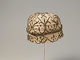 Night cap, Linen worked with silk and metal thread, spangles; speckling, running, outline, and plaited braid stitches; metal bobbin lace, British