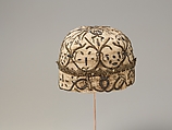 Night cap, Linen worked with silk and metal thread, spangles; speckling, running, outline, and plaited braid stitches; metal bobbin lace, British
