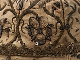 Night cap, Linen worked with silk and metal thread, spangles; speckling, running, outline, and plaited braid stitches; metal bobbin lace, British