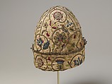 Night cap, Linen worked with silk and metal threads, spangles; chain, stem, darning, detached buttonhole, and plaited braid stitches, British