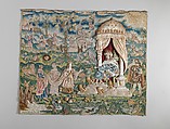 Esther and Ahasuerus, Canvas worked with silk thread; tent, Gobelin, satin, long-and-short, split, stem, knotted, straight, Ceylon, rococo, and detached buttonhole stitch variations; fringe, British